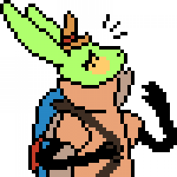pixel art of a surprised green rabbit with a hat and a backpack