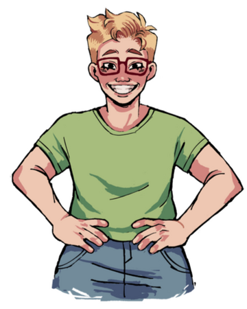 illustration of a blonde white person with red glasses, a big smile, and a green shirt